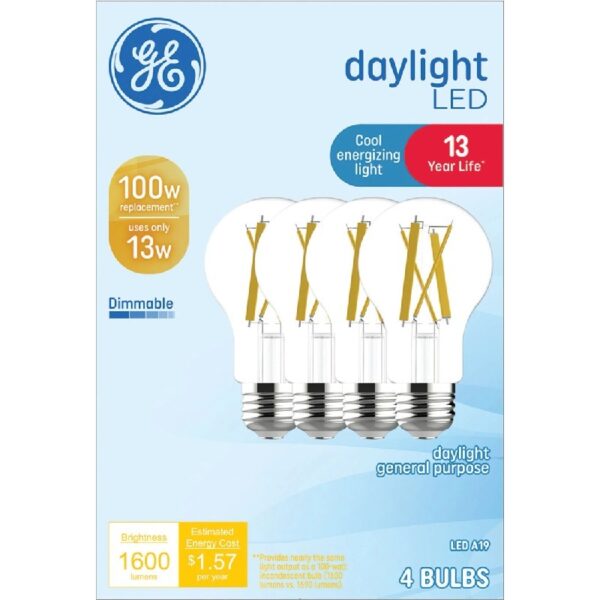 LED Light Bulbs, 100 Watt, Daylight, A19 Bulbs, Medium Base, Clear Finish, 13yr, 4 pack