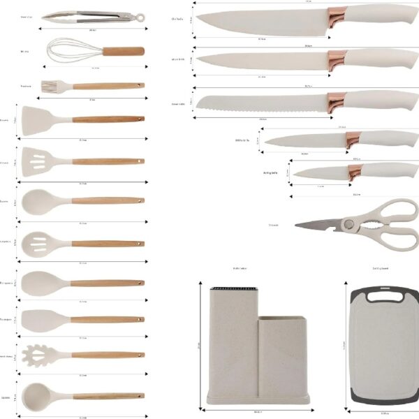 19PCS Kitchen Utensils Set for Cooking, 11 Cooking Utensils, 6 Knife set Beige,3 Utensil Sets,utensilios de cocina