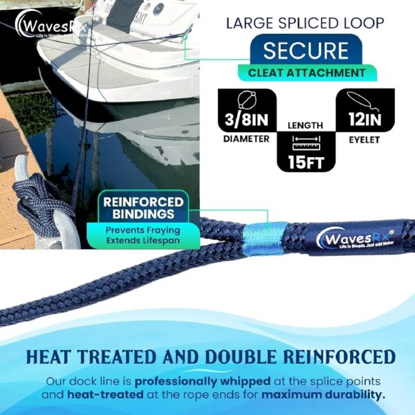3/8'' x 15' Premium Dock Lines for Boats & PWCs (2PK) | Hi-Performance Mooring Rope Made From Marine-Grade Double Braided Nylon to Resist Sun and Saltwater | 12” Spliced Eyelet + Storage Bag