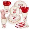 200Pcs Disposable Paper Plates Set with Cutlery, Christmas Dinnerware & Utensil Includes Plates, Fork, Knife & Spoon for Xmas Party, Camping, Picnic, BBQ