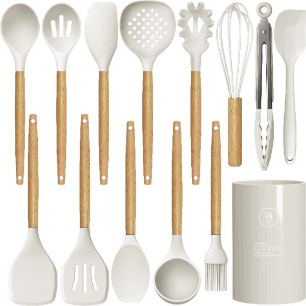 oannao Silicone Cooking Utensils Set - 446°F Heat Resistant Silicone Kitchen Utensils for Cooking,Kitchen Utensil Spatula Set w Wooden Handles,Holder, BPA FREE Gadgets for Non-Stick Cookware (Khaki)