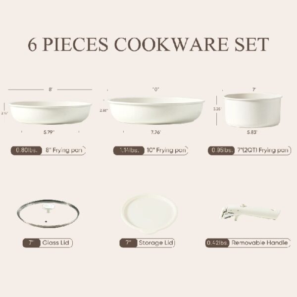 Nonstick Detachable Pots and Pans Set, 6 Pieces Induction Cookware Set, Oven/Dishwasher Safe, Easy for Storage, White Granite