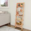 5-Tier Slatted Wood Leaning Ladder Shelf for Narrow Storage, Wooden Bookcase for Living Room, Bathroom, Kitchen, Office or Bedroom, Black Finish