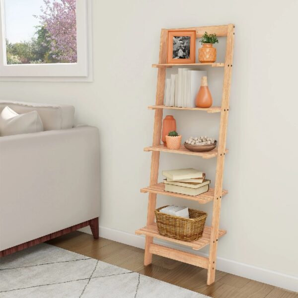 5-Tier Slatted Wood Leaning Ladder Shelf for Narrow Storage, Wooden Bookcase for Living Room, Bathroom, Kitchen, Office or Bedroom, Black Finish