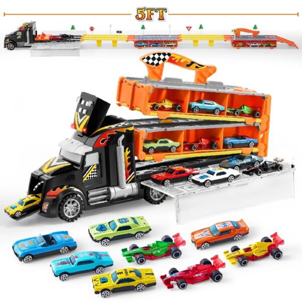 Carrier Truck with Lights & Sounds, 12 Die-Cast Metal Toy Play Vehicle with 5-FT Ejection Race Track, Metal Racing Cars for 3 4 5 6 7 8 Years Old Kids Boys Gift