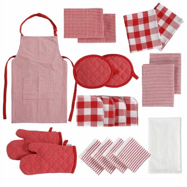 20 Piece Kitchen Towel Set - Cotton Dish Towels, Heat Resistant Kitchen Mittens and Pot Holder Set, Apron for Women with Pockets , Absorbent Dish Towels for Kitchen Drying - Olive