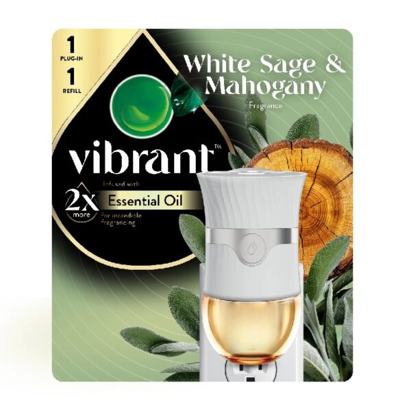 (4 pack) Vibrant Plug-In Scented Oil Air Freshener Warmer Starter Kit, White Sage and Mahogany, 2 Piece