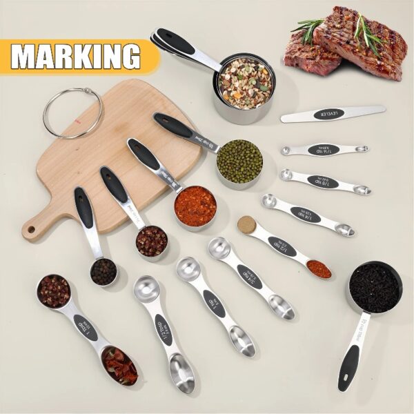 17 Pieces Measuring Cups and Magnetic Measuring Spoons Set Stainless Steel, 8 Measure Cups with Silicone Handle and 8 Double Sided Magnetic Measure Spoons & 1 Leveler