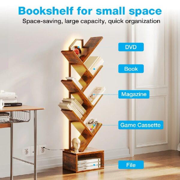 6 Tier Tree Bookshelf, Bookcase with LED Lights, Display Floor Standing Storage Shelf, Book Organizer Shelves for Home Office, Living Room, Vintage
