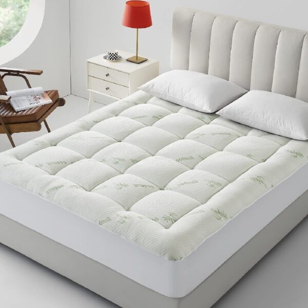 Bamboo Queen Size Quilted Pillowtop Mattress Topper Pad Cover with Deep Pocket Fitted Up to 8