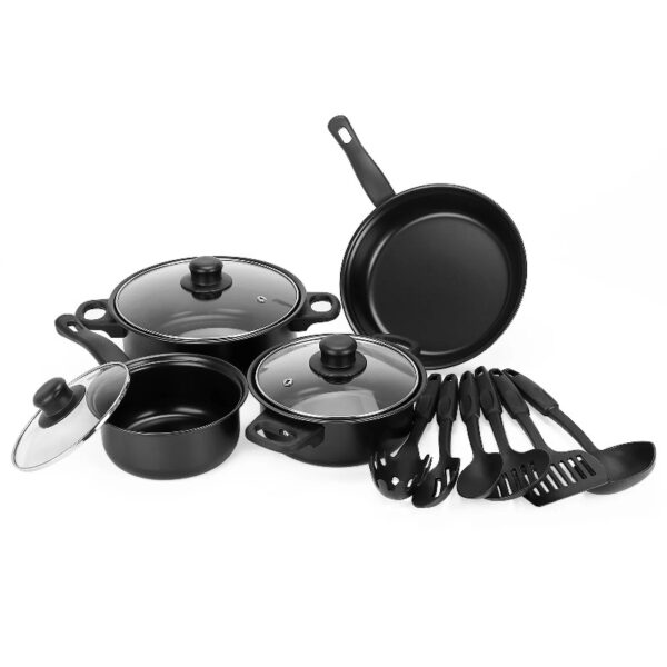 Non-Stick Cookware Set, Small Portable Cast Iron Pots and Pans with Glass Lids and Nylon Utensils for Outdoor Cooking - 13 Piece Set, Black