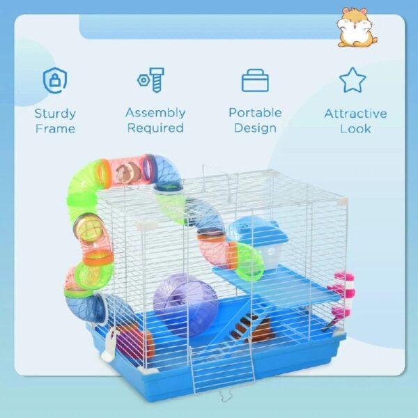 Spaco 2-Level Hamster Cage Rodent Gerbil House Mouse Mice Rat Habitat Metal Wire with Exercise Wheel, Play Tubes, Water Bottle, Food Dishes, Blue