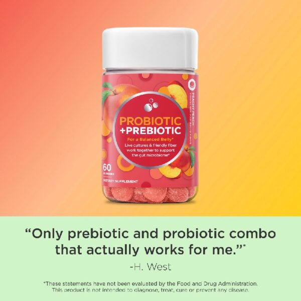 Probiotic + Prebiotic Fiber Gummy, Digestive + Gut Health Supplement for Adults, Peach, 60 Ct