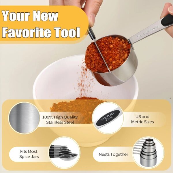 17 Pieces Measuring Cups and Magnetic Measuring Spoons Set Stainless Steel, 8 Measure Cups with Silicone Handle and 8 Double Sided Magnetic Measure Spoons & 1 Leveler