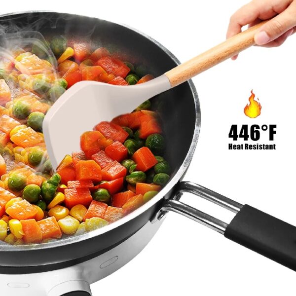 oannao Silicone Cooking Utensils Set - 446°F Heat Resistant Silicone Kitchen Utensils for Cooking,Kitchen Utensil Spatula Set w Wooden Handles,Holder, BPA FREE Gadgets for Non-Stick Cookware (Khaki)