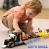 Carrier Truck with Lights & Sounds, 12 Die-Cast Metal Toy Play Vehicle with 5-FT Ejection Race Track, Metal Racing Cars for 3 4 5 6 7 8 Years Old Kids Boys Gift