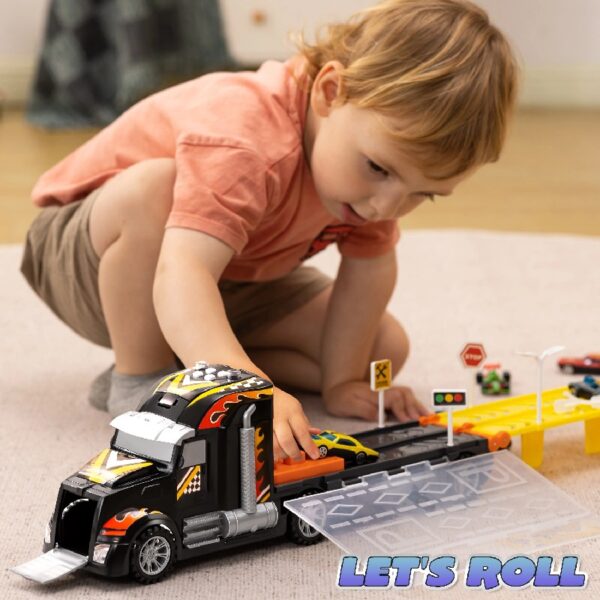 Carrier Truck with Lights & Sounds, 12 Die-Cast Metal Toy Play Vehicle with 5-FT Ejection Race Track, Metal Racing Cars for 3 4 5 6 7 8 Years Old Kids Boys Gift