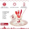 200Pcs Disposable Paper Plates Set with Cutlery, Christmas Dinnerware & Utensil Includes Plates, Fork, Knife & Spoon for Xmas Party, Camping, Picnic, BBQ