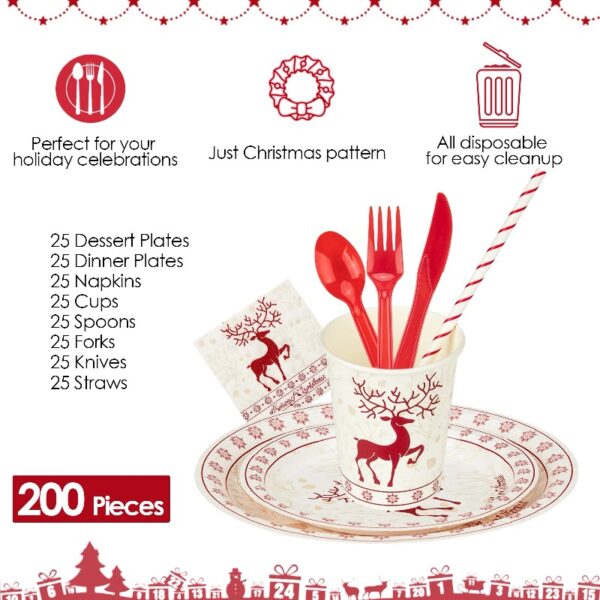 200Pcs Disposable Paper Plates Set with Cutlery, Christmas Dinnerware & Utensil Includes Plates, Fork, Knife & Spoon for Xmas Party, Camping, Picnic, BBQ