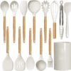 oannao Silicone Cooking Utensils Set - 446°F Heat Resistant Silicone Kitchen Utensils for Cooking,Kitchen Utensil Spatula Set w Wooden Handles,Holder, BPA FREE Gadgets for Non-Stick Cookware (Khaki)