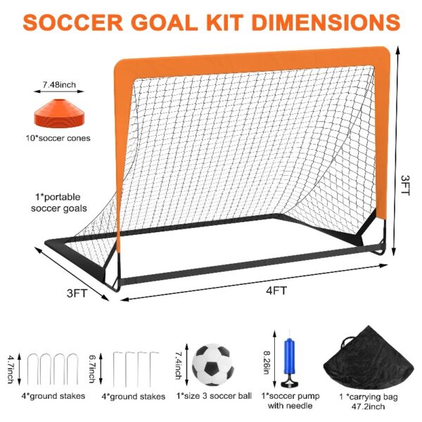 Kids Soccer Goal for Backyard, 4X3 ft Toddler Soccer Nets Training Equipment with Soccer Ball and 10 Soccer Cones, Portable Pop Up Soccer Set for Kids and Youth Games and Training Goals