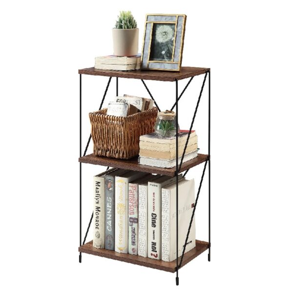 No Tools 3-Tier Bookcase ,Walnut Brown Wooden Small Book Shelf with Metal Frame For Small Spaces , Home Office