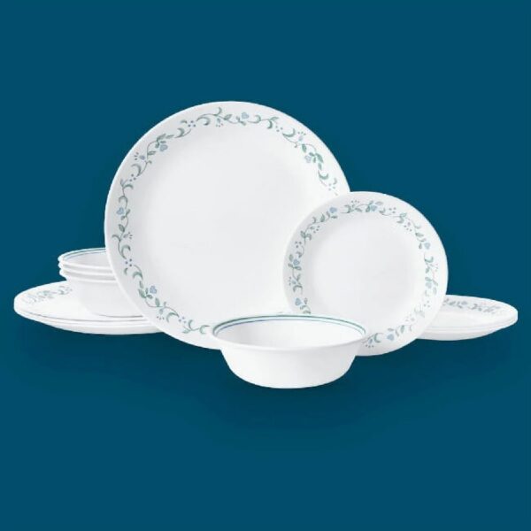 Country Cottage, White and Green Round 12-Piece Dinnerware Set