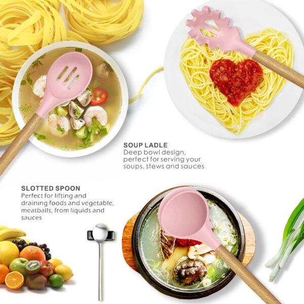 oannao Silicone Cooking Utensils Set - 446°F Heat Resistant Silicone Kitchen Utensils for Cooking,Kitchen Utensil Spatula Set w Wooden Handles,Holder, BPA FREE Gadgets for Non-Stick Cookware (Khaki)