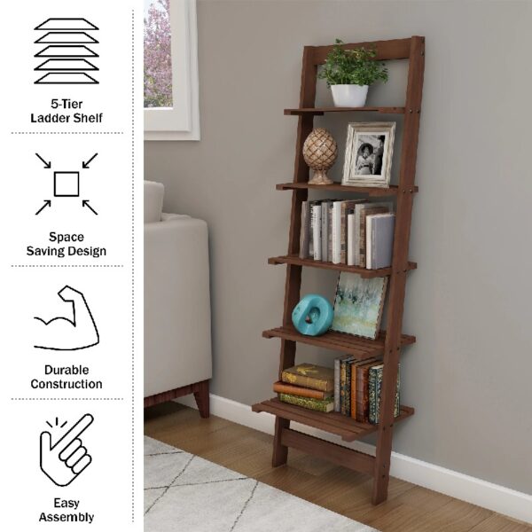 5-Tier Slatted Wood Leaning Ladder Shelf for Narrow Storage, Wooden Bookcase for Living Room, Bathroom, Kitchen, Office or Bedroom, Black Finish