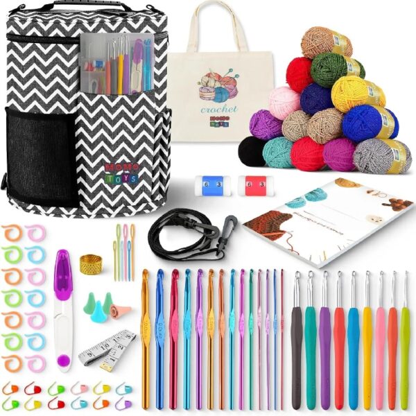 MOMOTOYS 74-Piece Crochet Kit for Beginners and Kids with Instruction Book and Zigzag Gray Organizer Bag