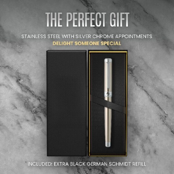 Scriveiner Stainless Steel Rollerball Pen - Stunning Luxury Metal Pen with Silver Chrome Finish, Schmidt Ink Refill, Best Roller Ball Pen Gift Set for Men & Women