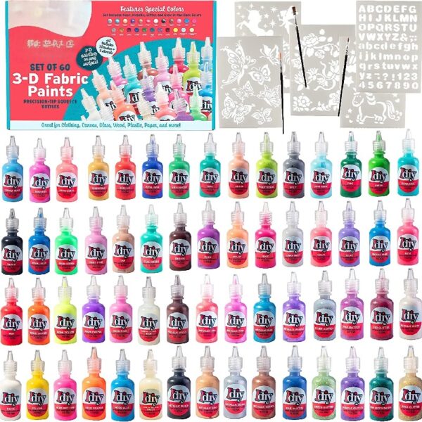 IDIY Fabric Paints, Set of 60 Colors - Bright 3D Fabric Paint - Includes Glitter, Metallic, Glow, Neon, 5 Stencils, 3 Brushes, Non-Toxic Water-Based and Permanent Puffy Effects - Craft, Gift