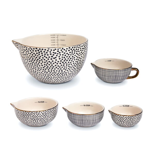 5-Piece Ceramic Mixing Bowl and Measuring Bowl Set, Dot Pattern