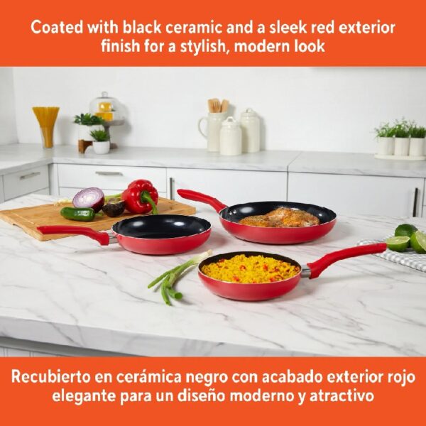 Nonstick Ceramic Cookware Set 3-Piece 7in/9in/11in, with Stay-Cool Handles, Aluminum, Red