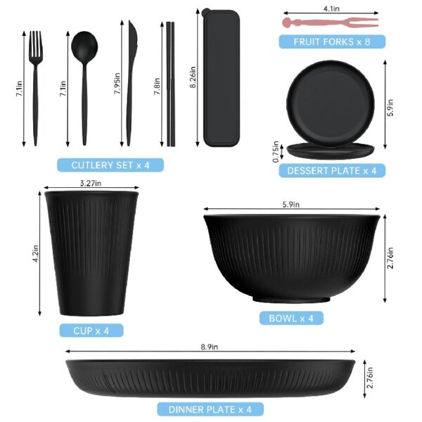 48 Pcs Wheat Straw Dinnerware Sets For 4, Unbreakable Dinnerware Sets, Reusable Wheat Straw Plates and Bowls Sets, Travel Camping Cutlery Set, Dishwasher Microwave Safe Dinnerware, Black