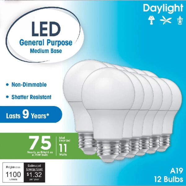 A19 LED Light Bulbs, 75 Watts Eqv, Daylight, General Purpose, 9yr, Medium Base, 12 pack