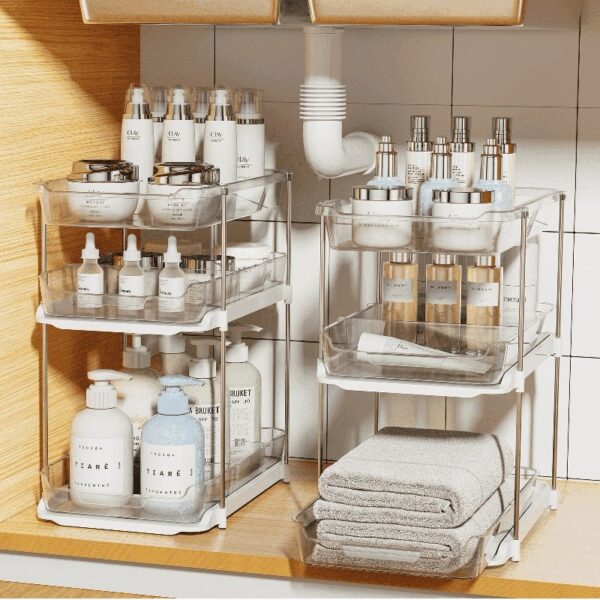 3 Tier Pull-Out Under Sink Organizer Storage, Bathroom Stackable Pantry Counter Sliding Cabinet Organization and Storage, 2 Sets