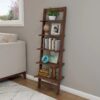 5-Tier Slatted Wood Leaning Ladder Shelf for Narrow Storage, Wooden Bookcase for Living Room, Bathroom, Kitchen, Office or Bedroom, Black Finish