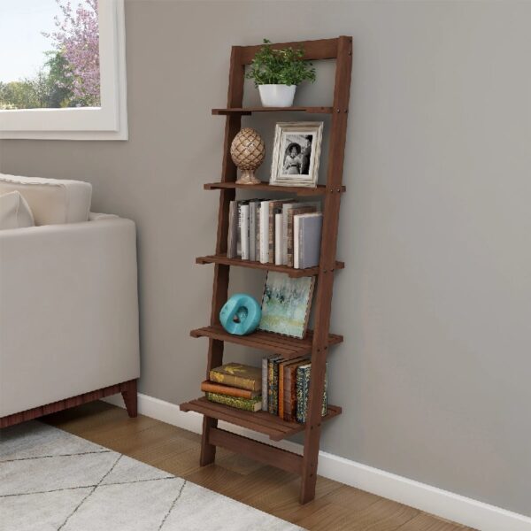 5-Tier Slatted Wood Leaning Ladder Shelf for Narrow Storage, Wooden Bookcase for Living Room, Bathroom, Kitchen, Office or Bedroom, Black Finish