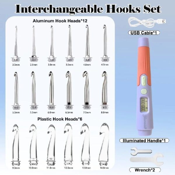 Yarniss Crochet Hooks Set with Digital Counter, 17 Sizes Light Up Crochet Hooks 2.5mm-14.0mm