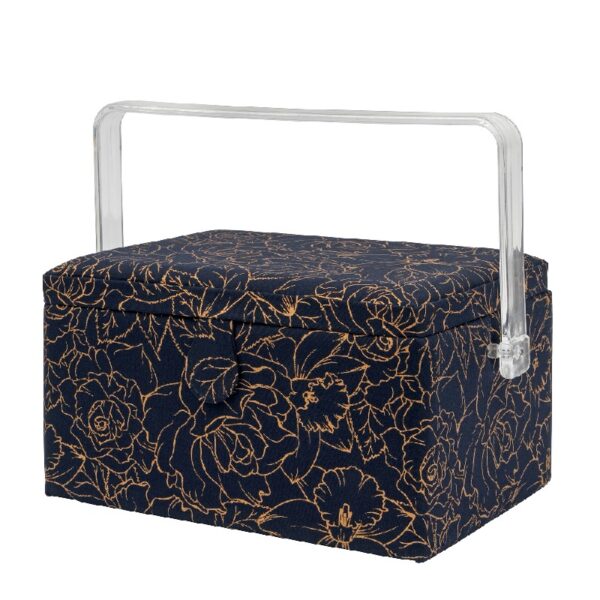 SINGER Large Premium Tackle Sewing Basket Navy Paisley Print with Notions Sewing Kit and Matching Pin Cushion