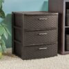 Storage Drawer, 3 Drawer Plastic Weave Wide Tower with Pull Handles, Brown