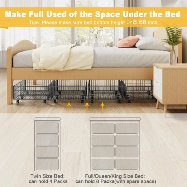 Under Bed Storage with Wheels, 2 Pack Living Room Bedroom Storage Organizers, Large Metal Under Bed Drawer Containers, Black