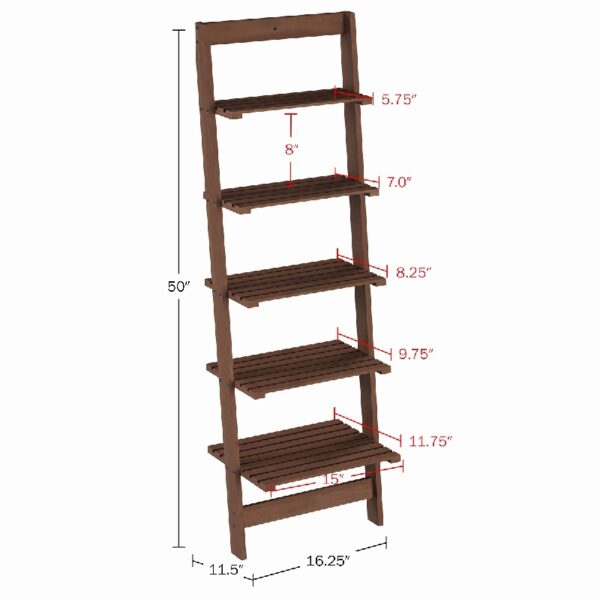 5-Tier Slatted Wood Leaning Ladder Shelf for Narrow Storage, Wooden Bookcase for Living Room, Bathroom, Kitchen, Office or Bedroom, Black Finish