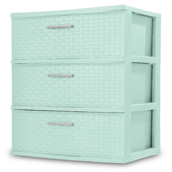 Storage Drawer, 3 Drawer Plastic Weave Wide Tower with Pull Handles, Brown