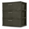 Storage Drawer, 3 Drawer Plastic Weave Wide Tower with Pull Handles, Brown