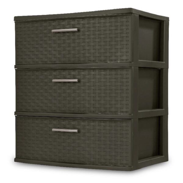 Storage Drawer, 3 Drawer Plastic Weave Wide Tower with Pull Handles, Brown