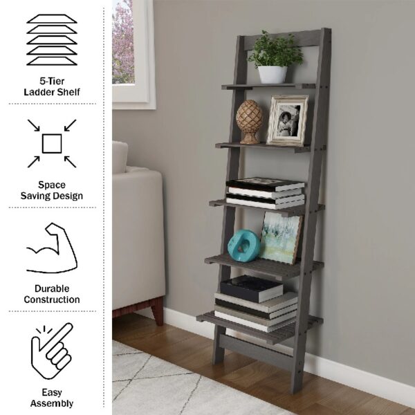 5-Tier Slatted Wood Leaning Ladder Shelf for Narrow Storage, Wooden Bookcase for Living Room, Bathroom, Kitchen, Office or Bedroom, Black Finish