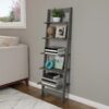 5-Tier Slatted Wood Leaning Ladder Shelf for Narrow Storage, Wooden Bookcase for Living Room, Bathroom, Kitchen, Office or Bedroom, Black Finish