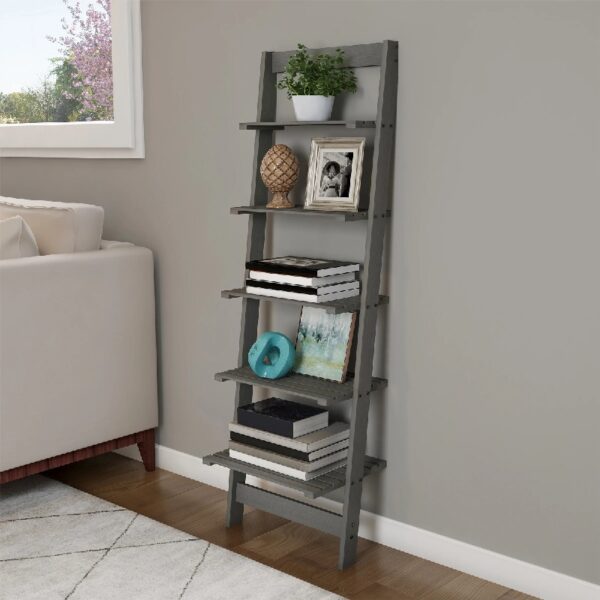 5-Tier Slatted Wood Leaning Ladder Shelf for Narrow Storage, Wooden Bookcase for Living Room, Bathroom, Kitchen, Office or Bedroom, Black Finish